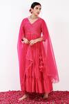 Label Flamingo By Vrinda_Pink Cotton, Silk, Lycra, Organza Pearls, Tiered Angarkha Anarkali Churidar Set _Online