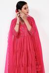 Buy_Label Flamingo By Vrinda_Pink Cotton, Silk, Lycra, Organza Pearls, Tiered Angarkha Anarkali Churidar Set _Online