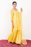 Shop_Label Flamingo By Vrinda_Yellow Cotton, Silk, Organza Pearls, Sequins, Mirrorwork Kurta Sharara Set 