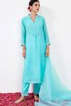 Label Flamingo By Vrinda_Blue Cotton, Silk, Organza Pearls, Sequins, Crystals, Pintuck Kurta Set _Online_at_Aza_Fashions