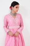 Buy_Label Flamingo By Vrinda_Pink Cotton, Silk, Lycra, Organza Gota Floral Embellished Anarkali Churidar Set 