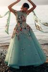 Shop_Sahil Kochhar_Blue Organza Embroidery Round Neck Flora Applique Gown _Online_at_Aza_Fashions