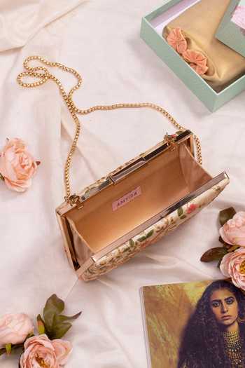 AMYRA_Cream Embroidery Floral Creeper Pattern Box Clutch _Online_at_Aza_Fashions