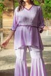 Buy_Monk & Mei_Purple Georgette Embroidered Chikankari V Neck Floral Kaftan And Sharara Set _Online_at_Aza_Fashions