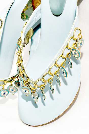 Foot Fuel_Blue Embroidery, Metallic Thread Iganacio Evil Eye Tasselled Heels _Online_at_Aza_Fashions