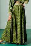 Prahnaaya_Green Satin Sequins, Zari V-neck Ajrakh Hand Block Print Crop Top And Skirt Set _at_Aza_Fashions