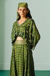 Prahnaaya_Green Satin Sequins, Zari V-neck Ajrakh Hand Block Print Crop Top And Skirt Set _Online_at_Aza_Fashions