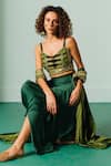 Prahnaaya_Green Satin Sequins, Embroidery Sweetheart Neck Printed Cape And Draped Skirt Set _Online_at_Aza_Fashions
