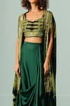 Shop_Prahnaaya_Green Satin Sequins, Embroidery Sweetheart Neck Printed Cape And Draped Skirt Set _Online_at_Aza_Fashions