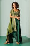 Buy_Prahnaaya_Green Satin Sequins, Embroidery Sweetheart Neck Printed Cape And Draped Skirt Set _Online_at_Aza_Fashions