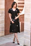 Shop_Gulaal_Black Cotton Fabric Flowers Round Neck Embroidered Dress _at_Aza_Fashions