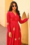 Buy_Gulaal_Pink 100% Cotton Hand Embroidered Pithan V Neck Midi Dress _Online_at_Aza_Fashions