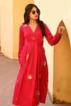 Shop_Gulaal_Pink 100% Cotton Hand Embroidered Pithan V Neck Midi Dress _Online_at_Aza_Fashions