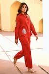 Buy_Gulaal_Red Cotton Zari, Sequins Collared Hand Embroidered Shirt And Pant Set _Online_at_Aza_Fashions