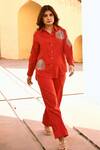 Shop_Gulaal_Red Cotton Zari, Sequins Collared Hand Embroidered Shirt And Pant Set _Online_at_Aza_Fashions