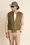 Buy_Gargee Designers_Green Suede And Poly Viscose Ribbed Neck Bomber Jacket _Online_at_Aza_Fashions