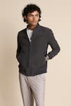 Shop_Gargee Designers_Grey Corduroy Poly Viscose Front Zipper Bomber Jacket _Online_at_Aza_Fashions