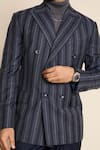 Buy_Gargee Designers_Blue 100% Wool Flannel Striped Pattern Double Breasted Blazer 