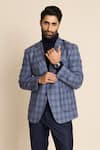 Shop_Gargee Designers_Blue 100% Wool Tweed Checks Checkered Pattern Blazer _Online_at_Aza_Fashions