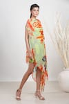 Garo_Green Chiffon Printed Leaf One Shoulder Dress With Belt _Online_at_Aza_Fashions