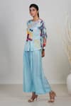 Garo_Blue Silk Embroidery, Tassels Round Abstract Print Pleated Top And Flared Pant Set _Online_at_Aza_Fashions