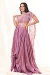 Piri India_Purple Silk Embroidered Glass Beads V Neck Pre-draped Saree Set  _Online_at_Aza_Fashions