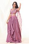 Buy_Piri India_Purple Silk Embroidered Glass Beads V Neck Pre-draped Saree Set  _Online_at_Aza_Fashions