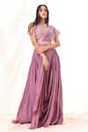 Shop_Piri India_Purple Silk Embroidered Glass Beads V Neck Pre-draped Saree Set  _Online_at_Aza_Fashions
