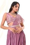 Piri India_Purple Silk Embroidered Glass Beads V Neck Pre-draped Saree Set  _at_Aza_Fashions