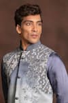 Buy_More Mischief_Grey Silk Linen Embroidery Floral Ombre Long Bundi  _Online_at_Aza_Fashions