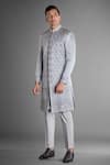 More Mischief_Grey Silk Linen Embroidery Floral Monarch Geometric Sherwani  _Online_at_Aza_Fashions