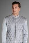 Buy_More Mischief_Grey Silk Linen Embroidery Floral Monarch Geometric Sherwani  _Online_at_Aza_Fashions