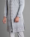 Shop_More Mischief_Grey Silk Linen Embroidery Floral Monarch Geometric Sherwani  _Online_at_Aza_Fashions