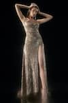 Buy_Rohit Gandhi + Rahul Khanna_Gold Crepe Sequins Asymmetric Aurous Gilded Gown _Online_at_Aza_Fashions