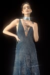 Rohit Gandhi + Rahul Khanna_Blue Tulle Embellishment Sequin And Crystal Beads V Neck Relic Fit & Flare Gown _Online_at_Aza_Fashions