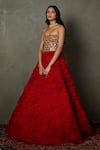 RI.Ritu Kumar_Red Polyester Embroidered Dori Sweetheart Neck Villa Floral Bandeau Frill Dress_Online_at_Aza_Fashions