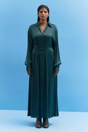 Siddhant Agrawal_Green Modal, Satin Shawl Neck Dress _Online_at_Aza_Fashions