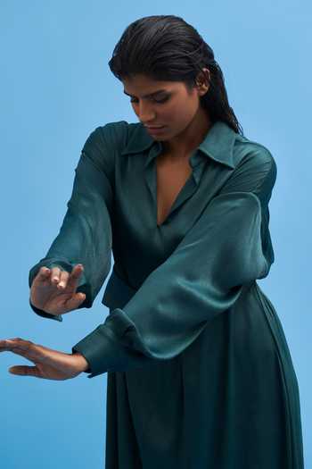 Shop_Siddhant Agrawal_Green Modal, Satin Shawl Neck Dress _Online_at_Aza_Fashions