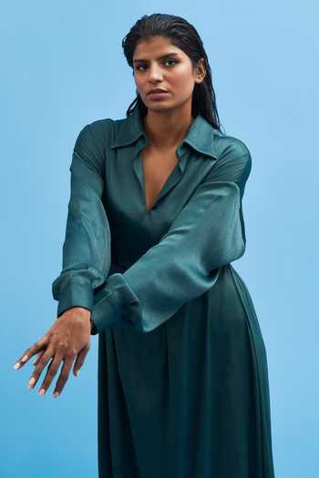 Siddhant Agrawal_Green Modal, Satin Shawl Neck Dress _at_Aza_Fashions