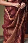 Dressfolk_Maroon 100% Linen And Zari Woven Stripe Gulkand Saree  _Online_at_Aza_Fashions