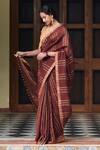 Buy_Dressfolk_Maroon 100% Linen And Zari Woven Stripe Gulkand Saree  _Online_at_Aza_Fashions