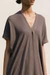 Urvashi Kaur_Grey Crinkled Cotton Plain V Neck Ura Kaftan Dress  _Online_at_Aza_Fashions