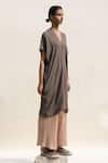 Buy_Urvashi Kaur_Grey Crinkled Cotton Plain V Neck Ura Kaftan Dress  _Online_at_Aza_Fashions