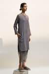 Buy_Urvashi Kaur_Grey Handwoven Organic Cotton Stripe Mandarin Collar Astro Pattern Tunic _Online_at_Aza_Fashions