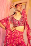 Silky Bindra_Pink Georgette Print Floral V Neck Flower Embroidered Blouse And Pant _Online_at_Aza_Fashions