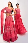 Nayna Kapoor_Red Georgette Embroidery Pearl Asymmetric Neck Bird Lehenga Set _Online_at_Aza_Fashions