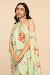 Shop_Chrkha_Green Cotton Satin Print Floral Asymmetric Neck Kaftan With Pant_Online_at_Aza_Fashions