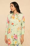 Buy_Chrkha_Green Cotton Satin Print Floral Collared Neck Shirt With Pant _Online_at_Aza_Fashions