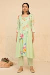 Chrkha_Green Cotton Satin Print Floral Round Neck Vintage Kurta Set _Online_at_Aza_Fashions