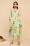 Shop_Chrkha_Green Cotton Satin Print Floral Round Neck Vintage Kurta Set _Online_at_Aza_Fashions